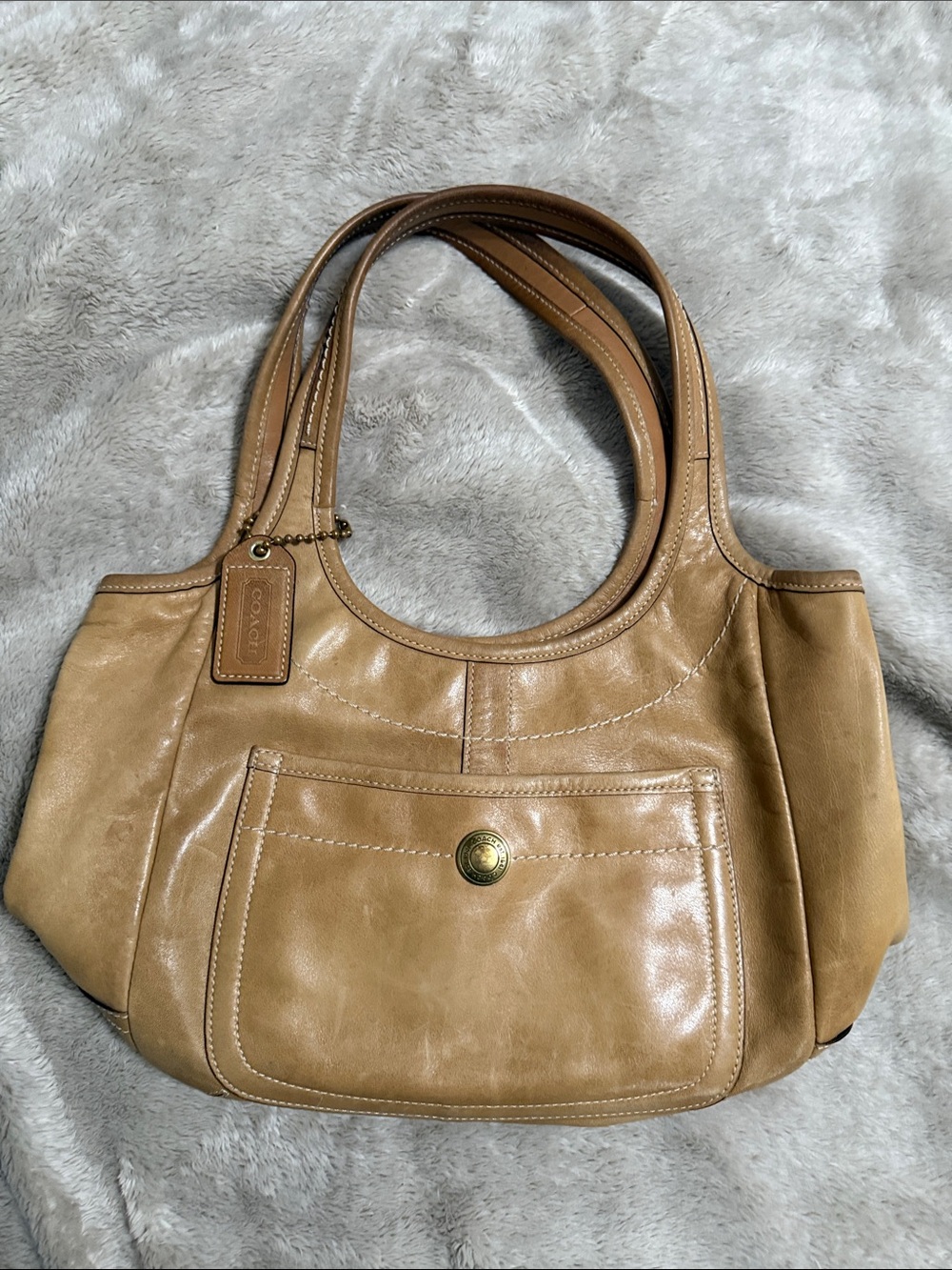 Coach Tan Leather Double-Handle Shoulder Bag with Front Snap Pocket